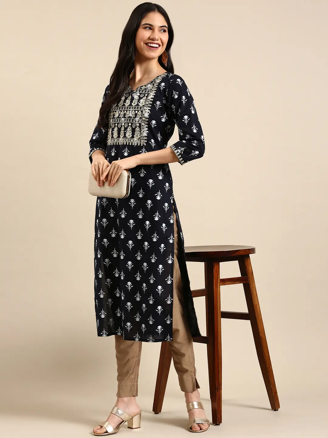SHOWOFF Women Navy Blue Ethnic Motifs Round Neck Three-Quarter Sleeves Mid Length Straight Kurta