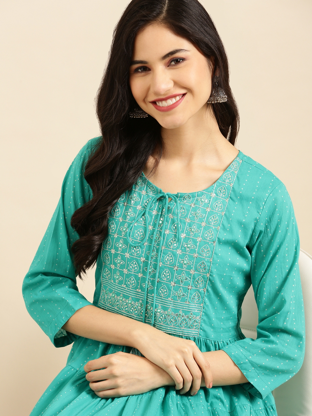 Showoff | SHOWOFF Women Turquoise Blue Solid Round Neck Three-Quarter Sleeves Ankle Length A-Line Kurta 0