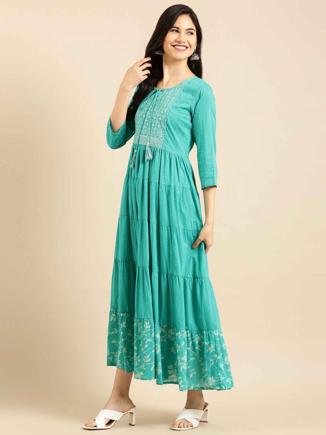Showoff | SHOWOFF Women Turquoise Blue Solid Round Neck Three-Quarter Sleeves Ankle Length A-Line Kurta 2