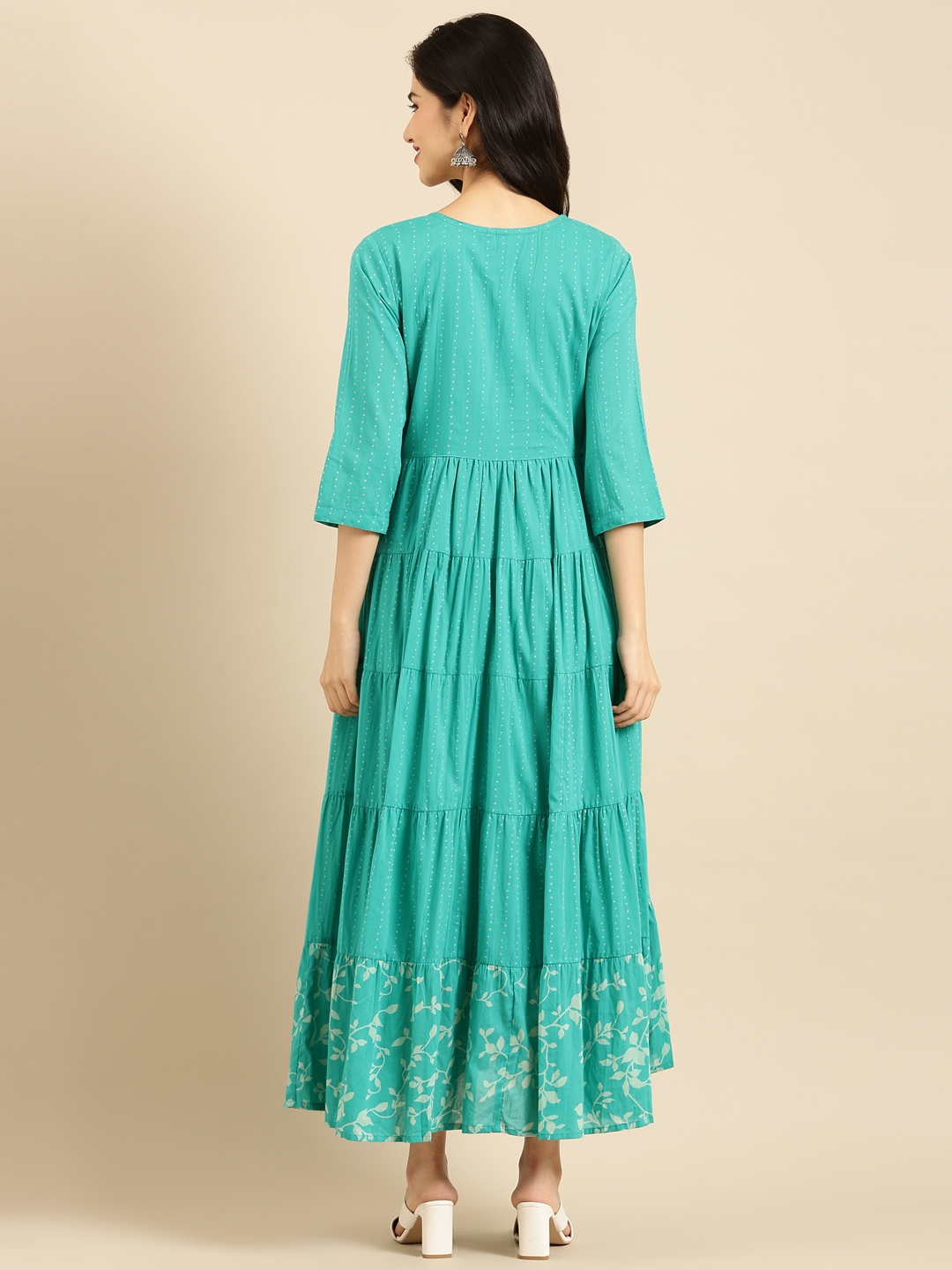 Showoff | SHOWOFF Women Turquoise Blue Solid Round Neck Three-Quarter Sleeves Ankle Length A-Line Kurta 3