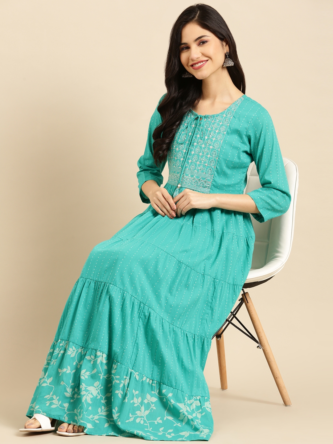 Showoff | SHOWOFF Women Turquoise Blue Solid Round Neck Three-Quarter Sleeves Ankle Length A-Line Kurta 4
