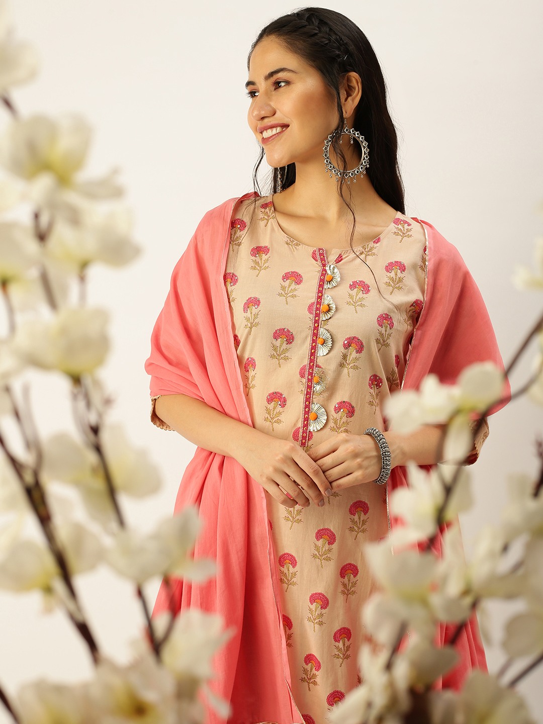 Showoff | SHOWOFF Women Peach Printed Round Neck Three-Quarter Sleeves Mid Length Straight Kurta Set 0