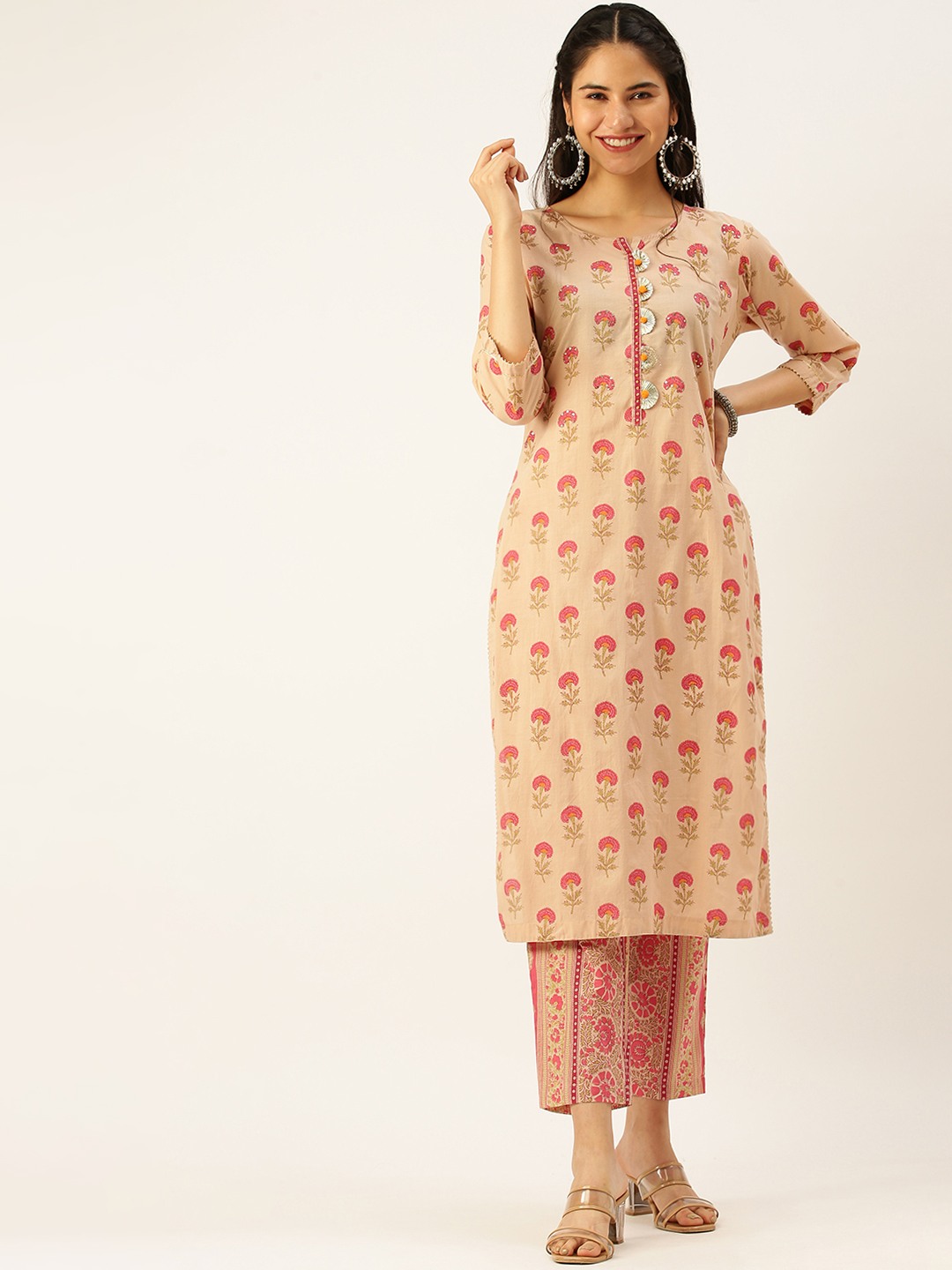 Showoff | SHOWOFF Women Peach Printed Round Neck Three-Quarter Sleeves Mid Length Straight Kurta Set 1