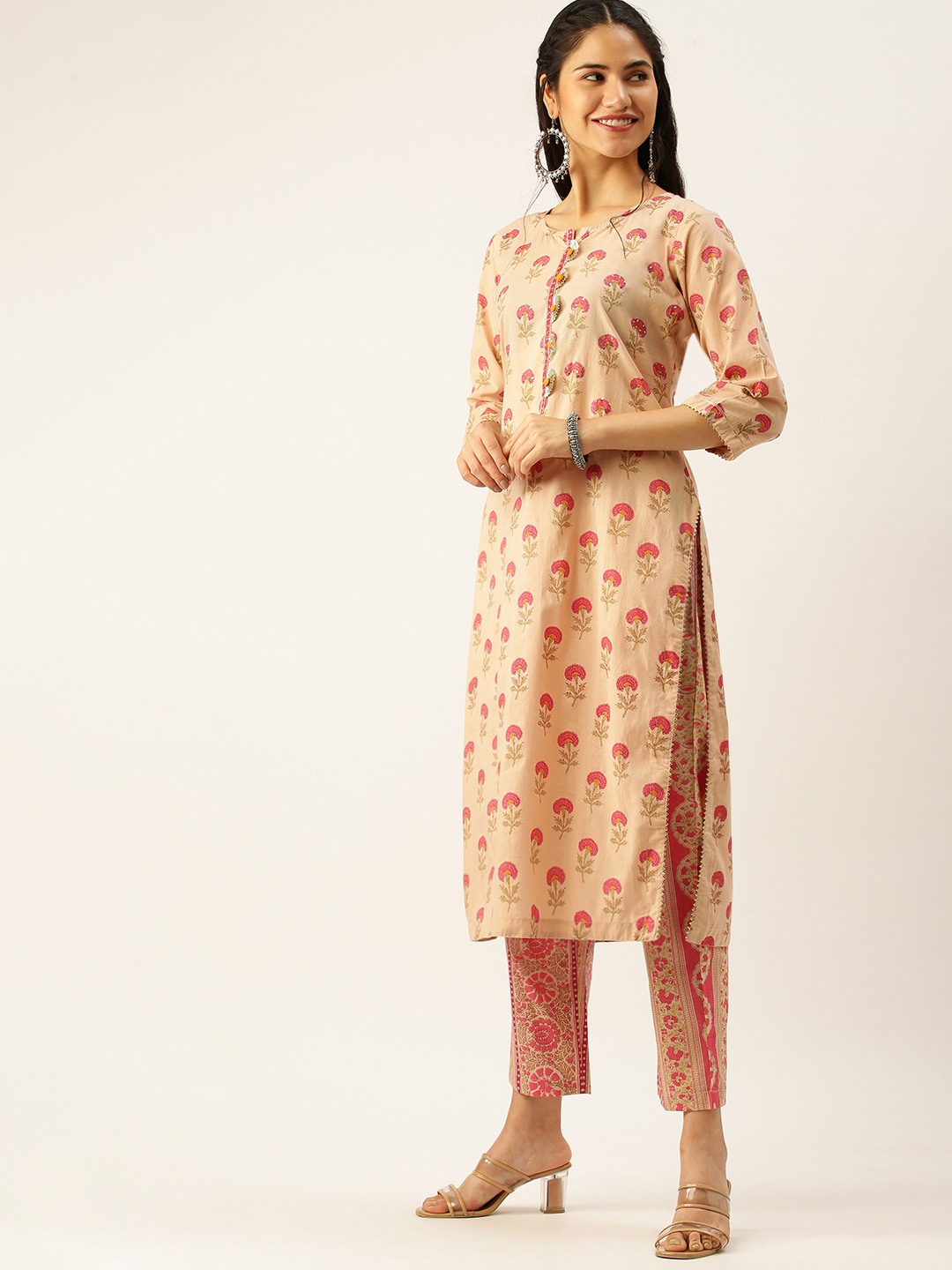 Showoff | SHOWOFF Women Peach Printed Round Neck Three-Quarter Sleeves Mid Length Straight Kurta Set 2