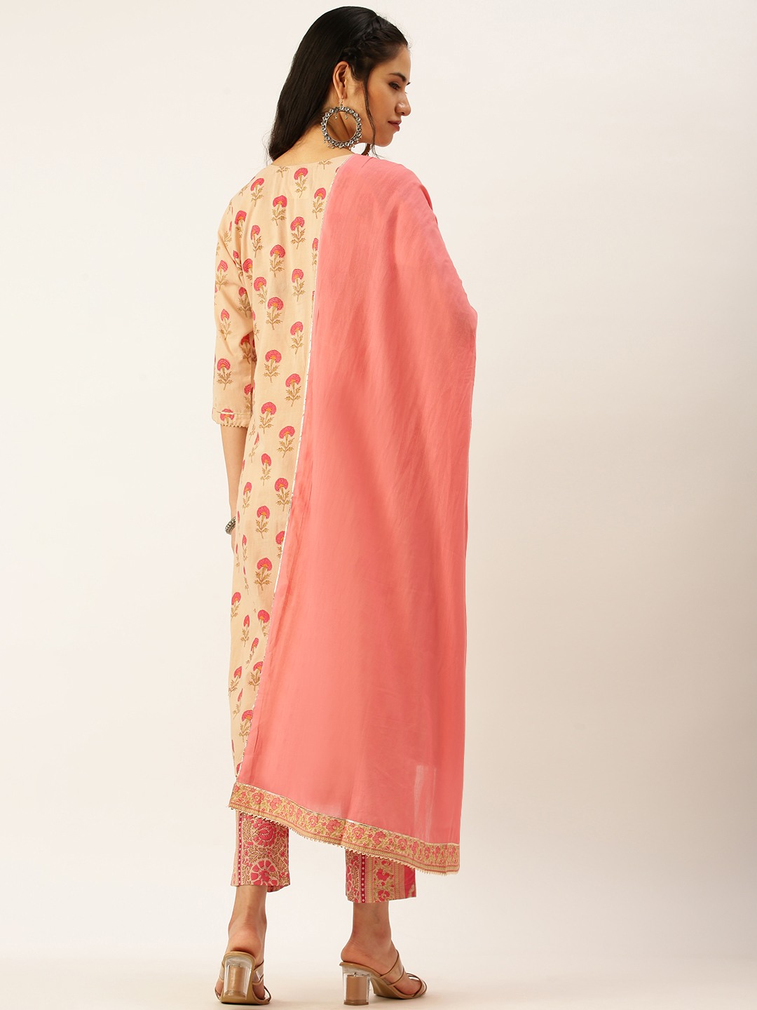 Showoff | SHOWOFF Women Peach Printed Round Neck Three-Quarter Sleeves Mid Length Straight Kurta Set 3