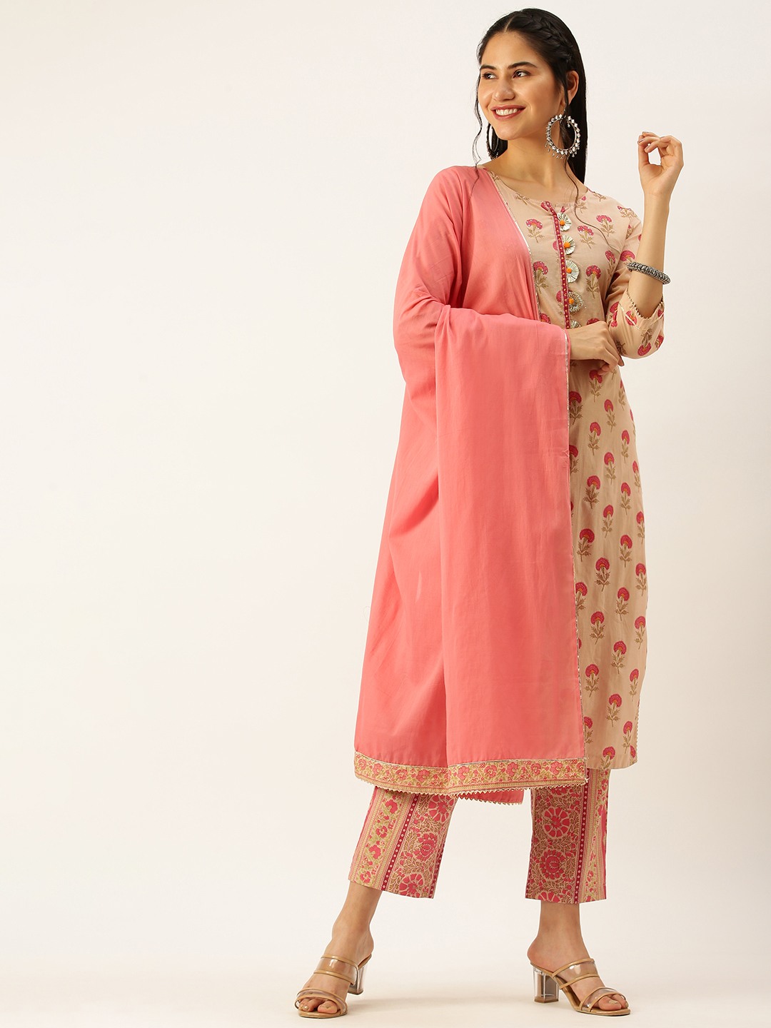 Showoff | SHOWOFF Women Peach Printed Round Neck Three-Quarter Sleeves Mid Length Straight Kurta Set 4