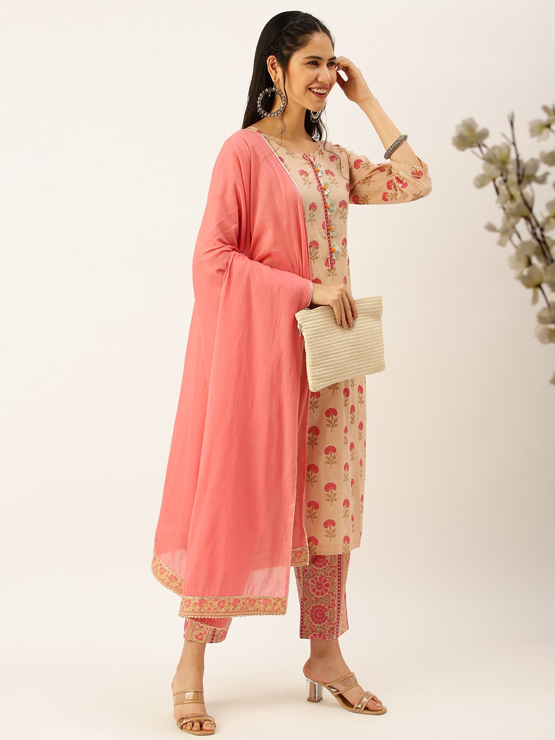 Showoff | SHOWOFF Women Peach Printed Round Neck Three-Quarter Sleeves Mid Length Straight Kurta Set 5