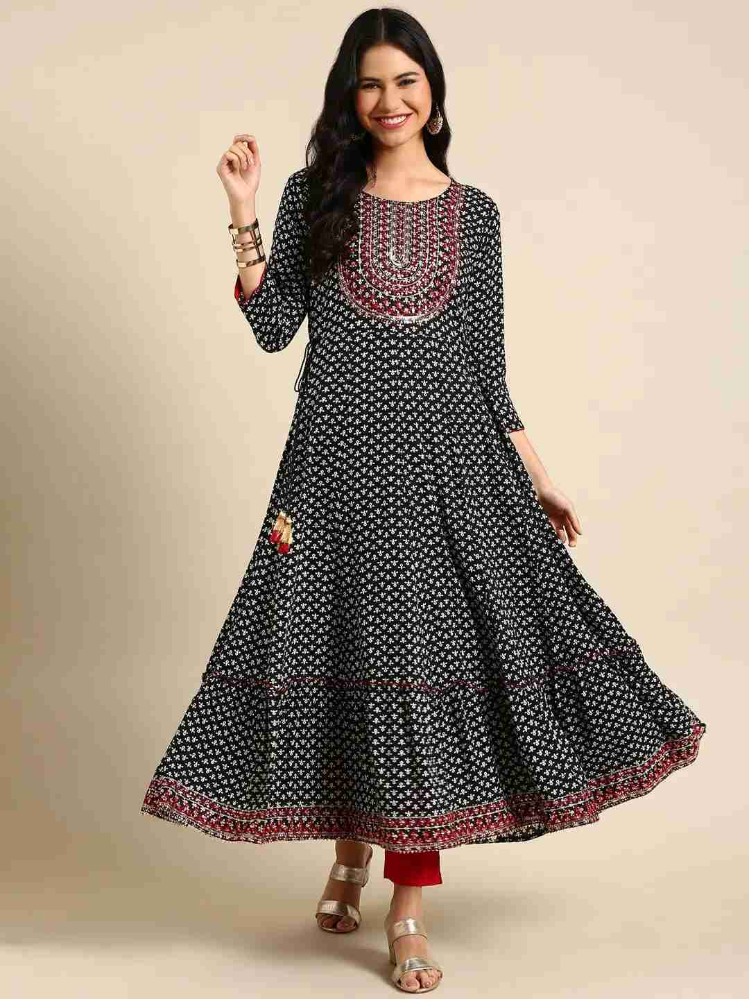 SHOWOFF Women Black Ethnic Motifs Round Neck Three-Quarter Sleeves Ankle Length Anarkali Kurta