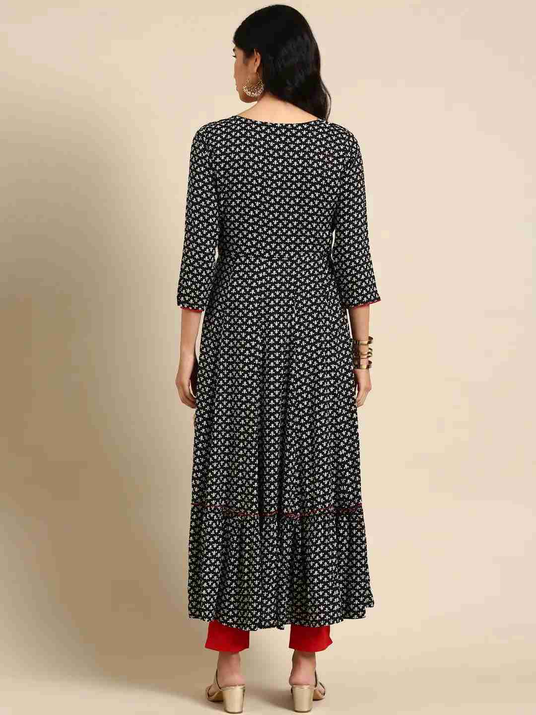SHOWOFF Women Black Ethnic Motifs Round Neck Three-Quarter Sleeves Ankle Length Anarkali Kurta