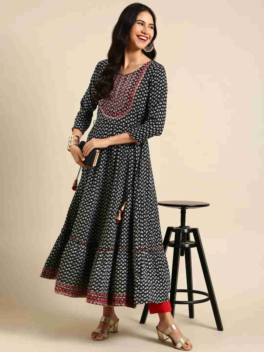 SHOWOFF Women Black Ethnic Motifs Round Neck Three-Quarter Sleeves Ankle Length Anarkali Kurta