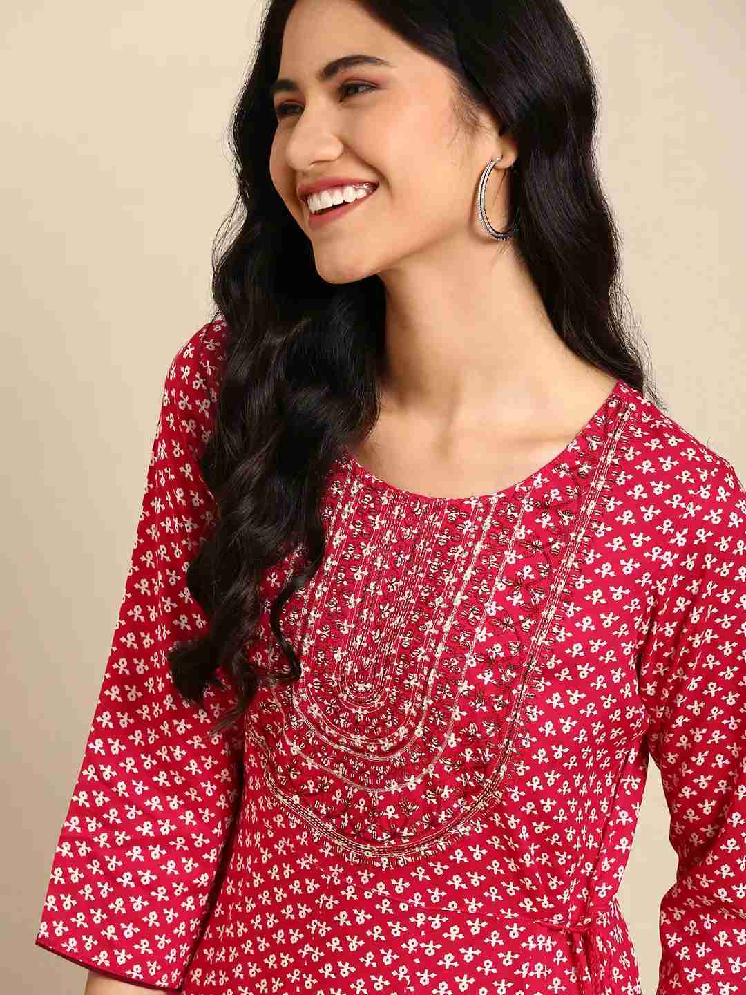 Showoff | SHOWOFF Women Magenta Ethnic Motifs Round Neck Three-Quarter Sleeves Ankle Length Anarkali Kurta 0