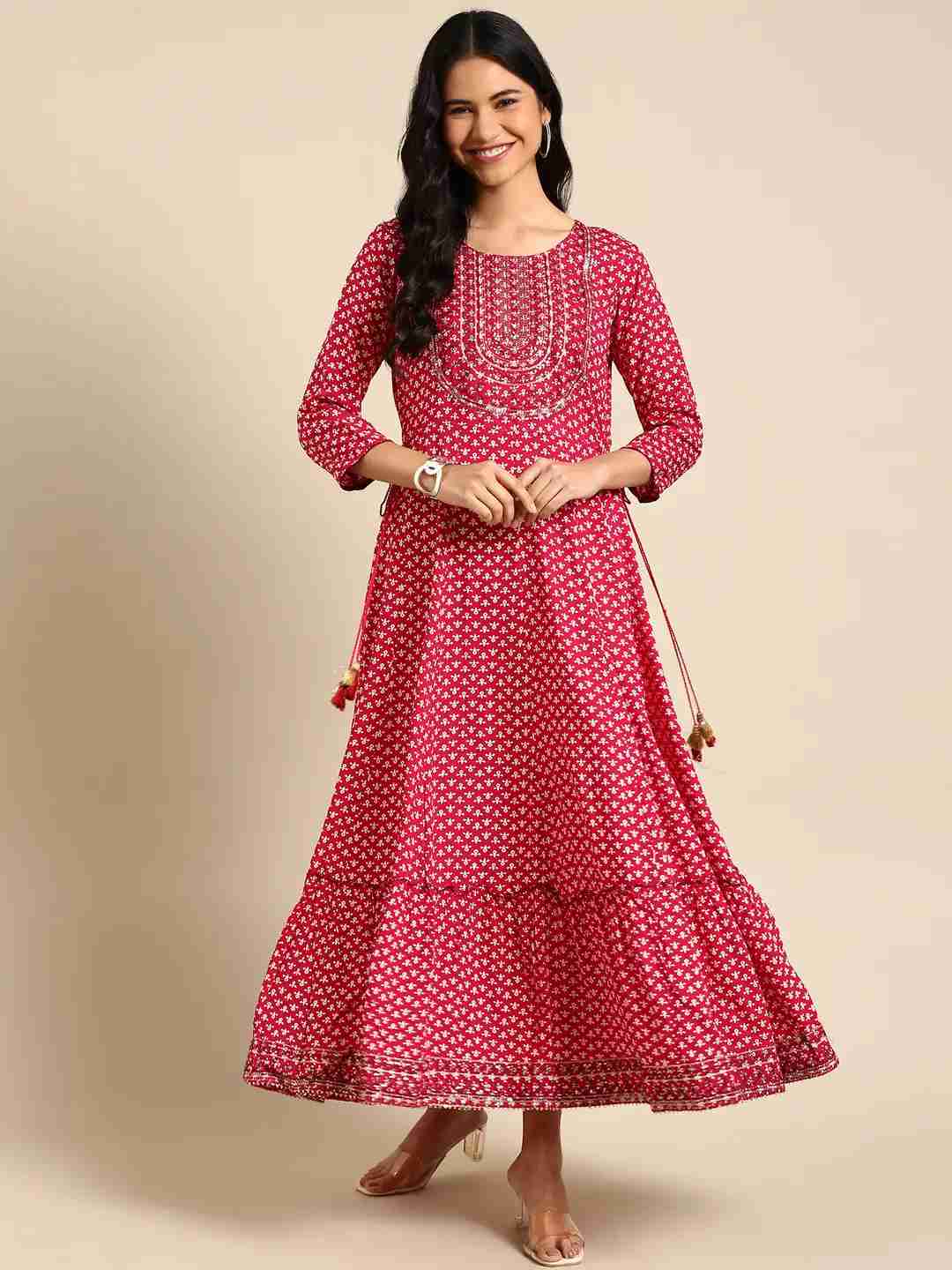 Showoff | SHOWOFF Women Magenta Ethnic Motifs Round Neck Three-Quarter Sleeves Ankle Length Anarkali Kurta 3