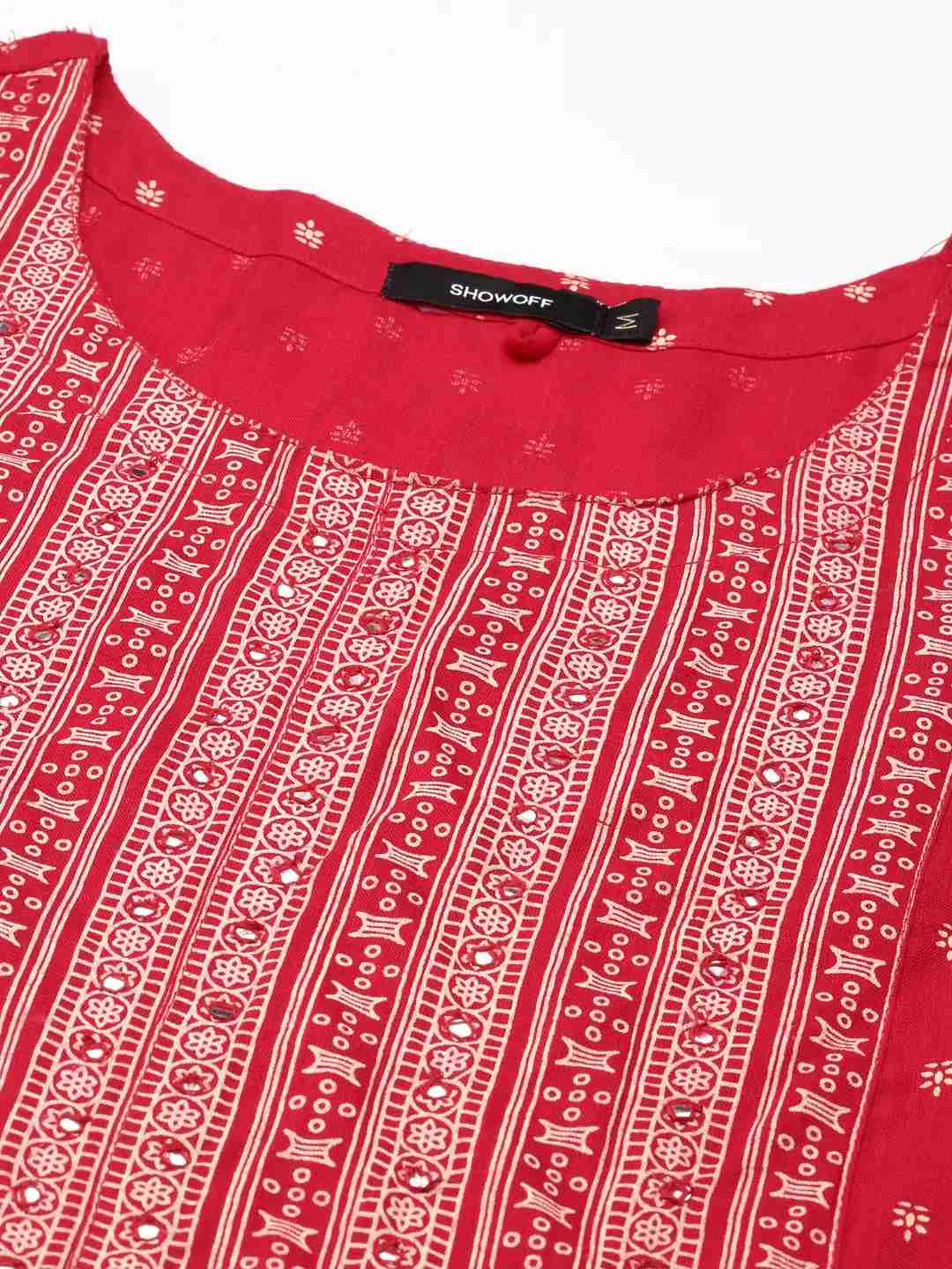 SHOWOFF Women Magenta Ethnic Motifs  Round Neck Three-Quarter Sleeves Ankle Length Straight Kurta