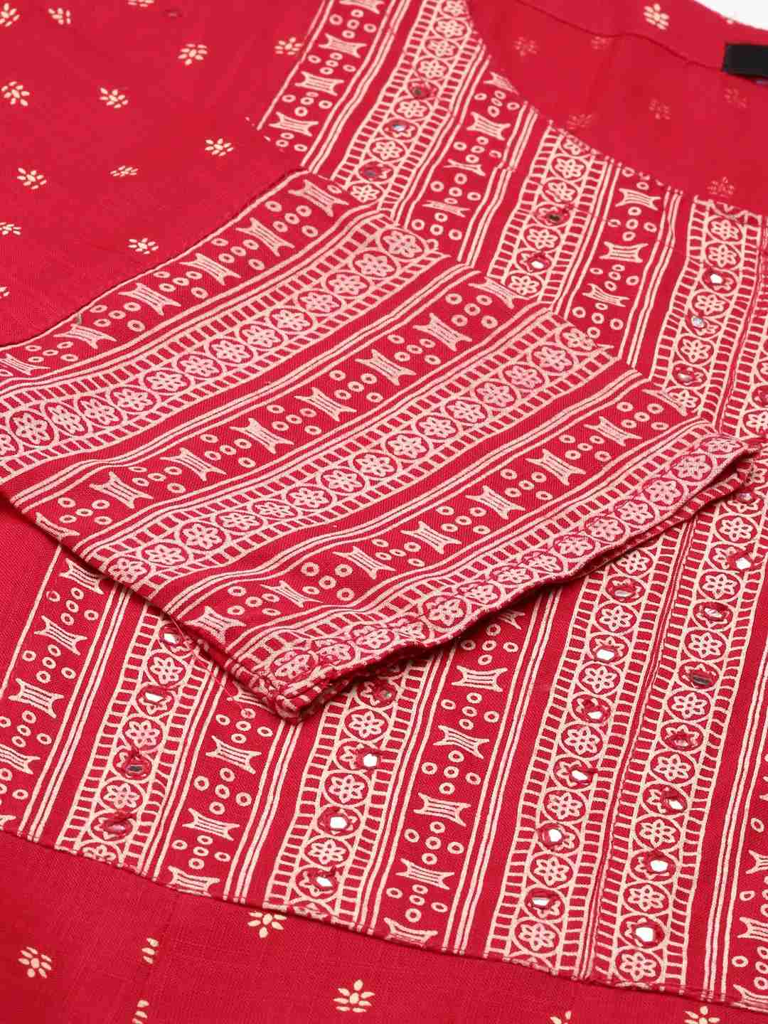 SHOWOFF Women Magenta Ethnic Motifs  Round Neck Three-Quarter Sleeves Ankle Length Straight Kurta