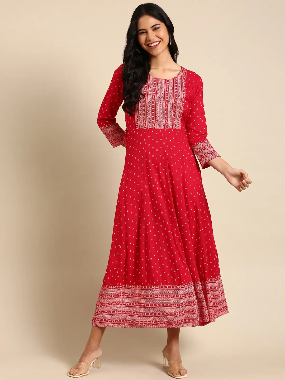 SHOWOFF Women Magenta Ethnic Motifs  Round Neck Three-Quarter Sleeves Ankle Length Straight Kurta
