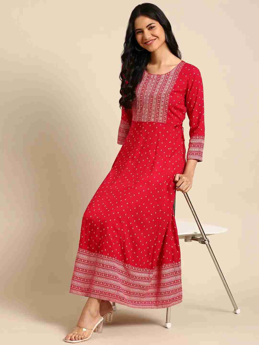 SHOWOFF Women Magenta Ethnic Motifs  Round Neck Three-Quarter Sleeves Ankle Length Straight Kurta