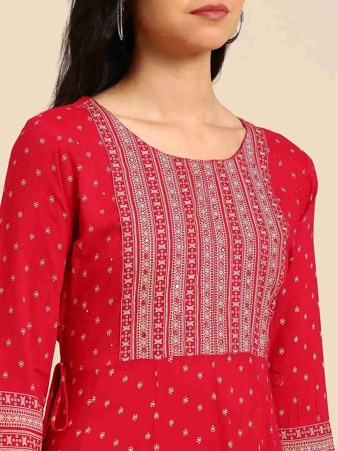 SHOWOFF Women Magenta Ethnic Motifs  Round Neck Three-Quarter Sleeves Ankle Length Straight Kurta