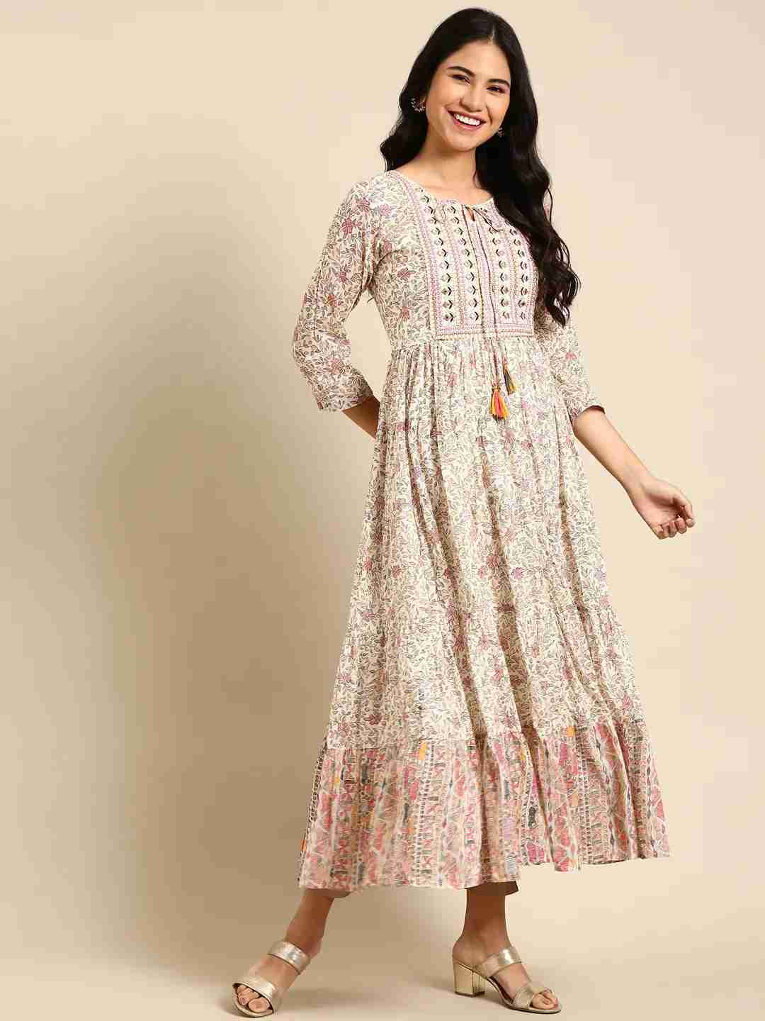 Showoff | SHOWOFF Women Cream Ethnic Motifs Round Neck Three-Quarter Sleeves Ankle Length Anarkali Kurta 3