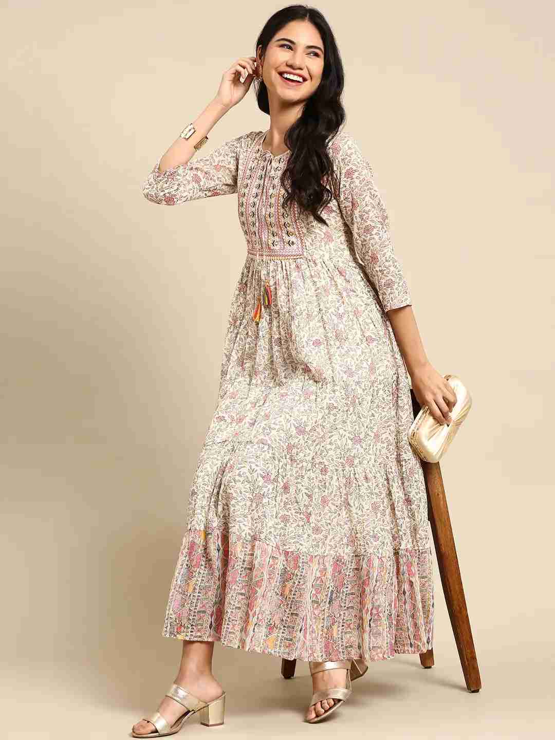 Showoff | SHOWOFF Women Cream Ethnic Motifs Round Neck Three-Quarter Sleeves Ankle Length Anarkali Kurta 5