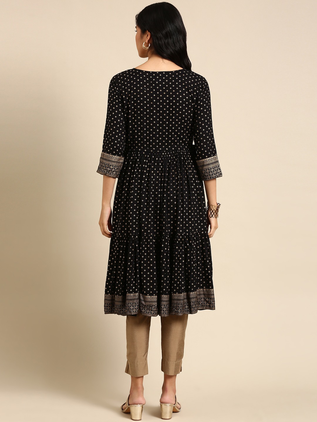 Showoff | SHOWOFF Women Black Ethnic Motifs Round Neck Three-Quarter Sleeves Mid Length Anarkali Kurta 4