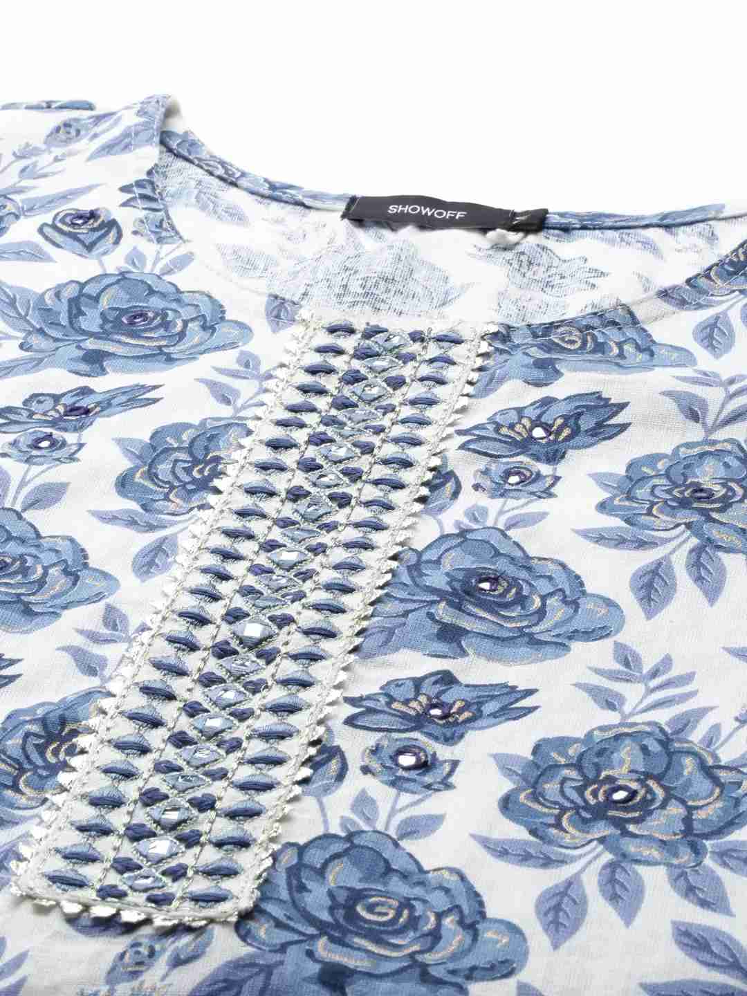 SHOWOFF Women White Floral Round Neck Three-Quarter Sleeves Mid Length Straight Kurta