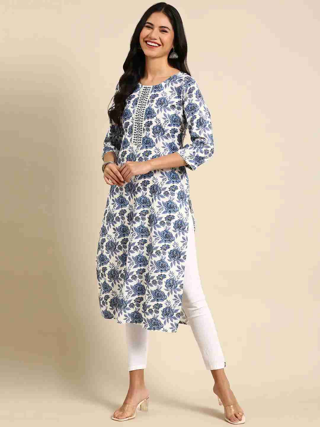 SHOWOFF Women White Floral Round Neck Three-Quarter Sleeves Mid Length Straight Kurta
