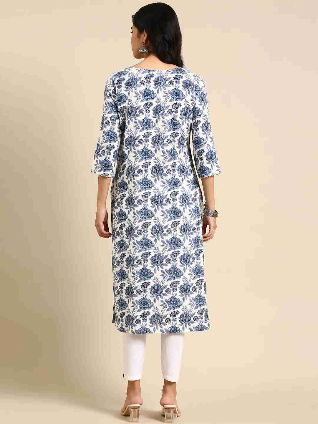 SHOWOFF Women White Floral Round Neck Three-Quarter Sleeves Mid Length Straight Kurta