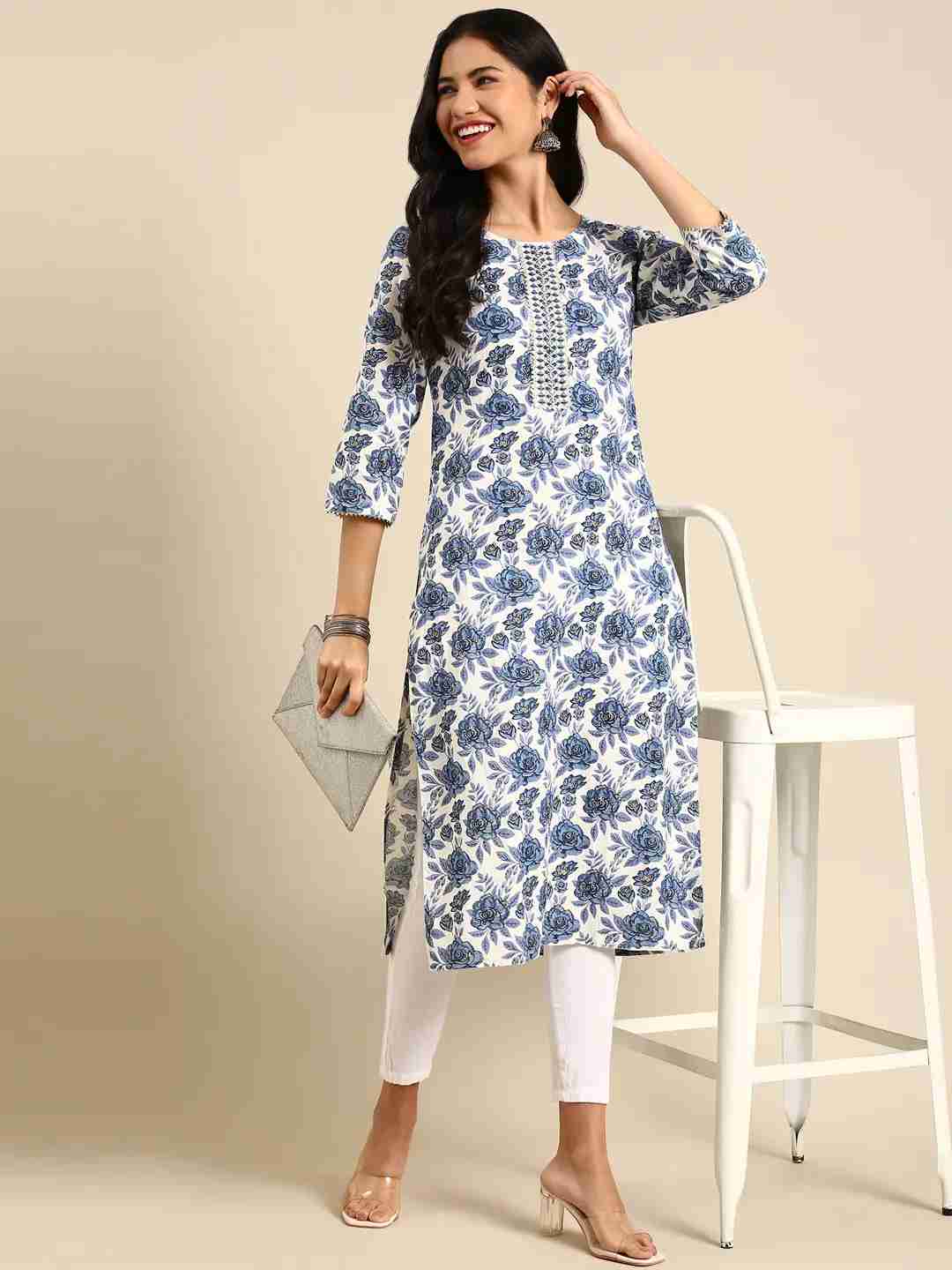 SHOWOFF Women White Floral Round Neck Three-Quarter Sleeves Mid Length Straight Kurta