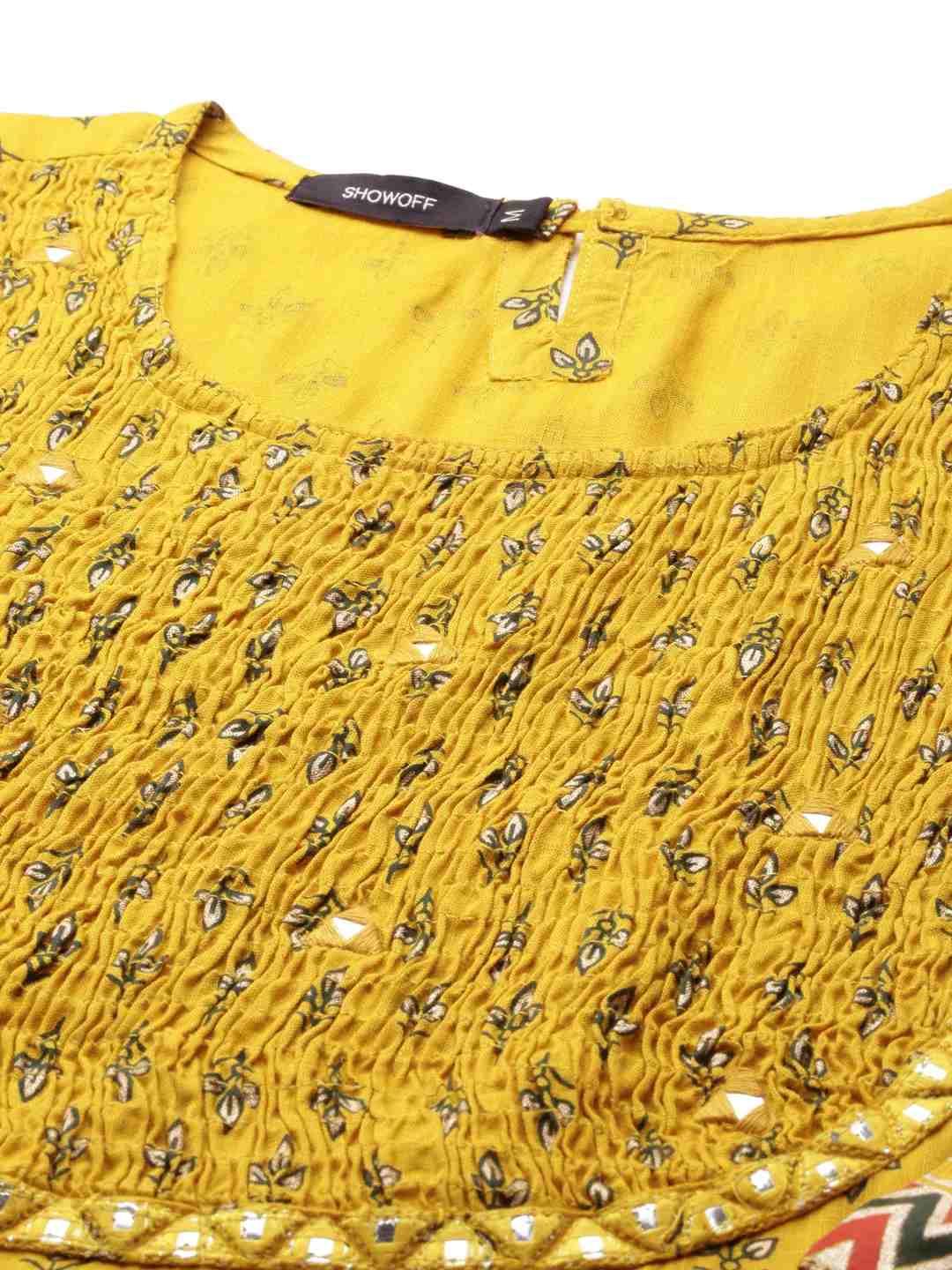 SHOWOFF Women Mustard Ethnic Motifs Round Neck Three-Quarter Sleeves Mid Length Straight Kurta