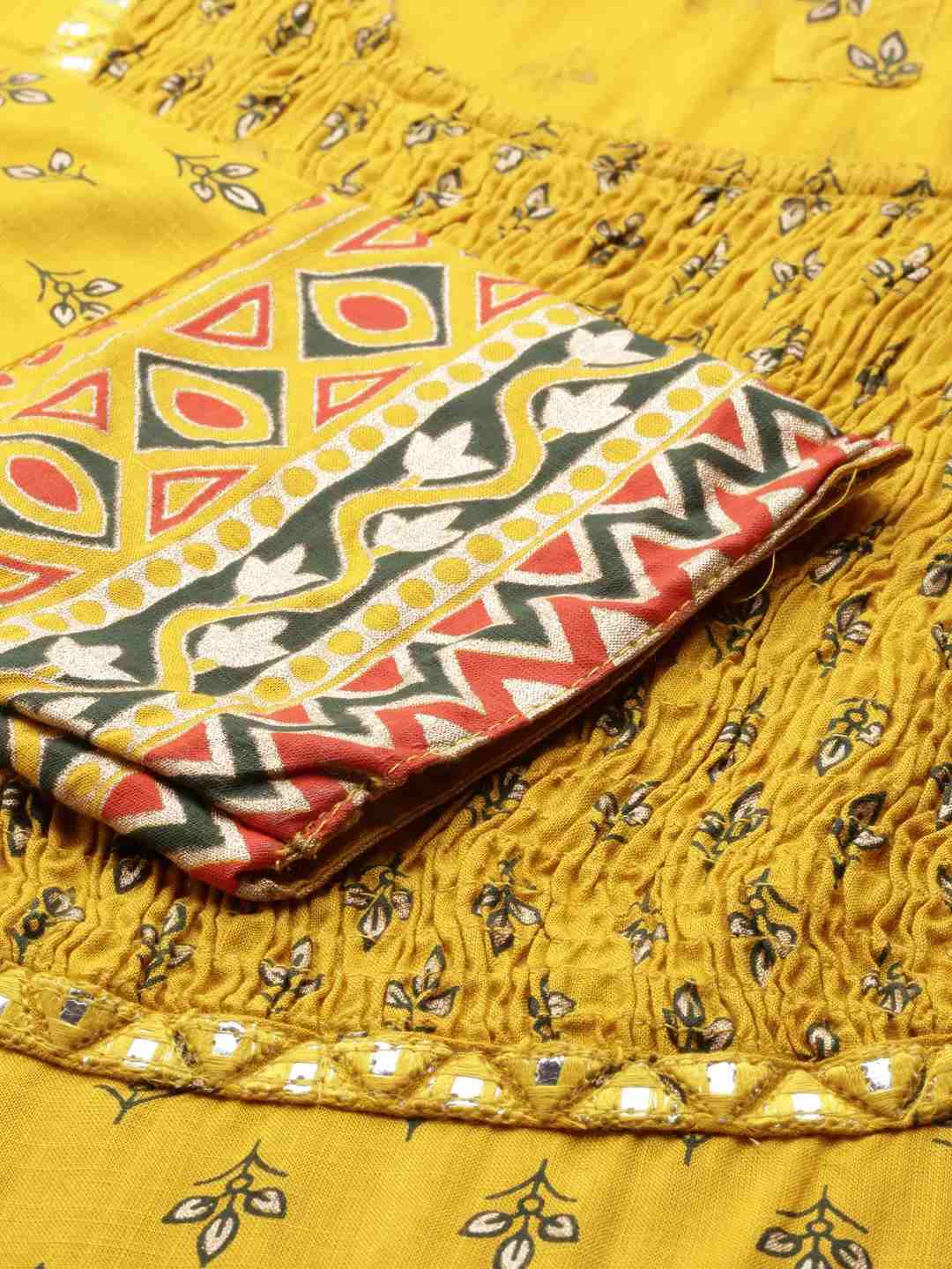 SHOWOFF Women Mustard Ethnic Motifs Round Neck Three-Quarter Sleeves Mid Length Straight Kurta