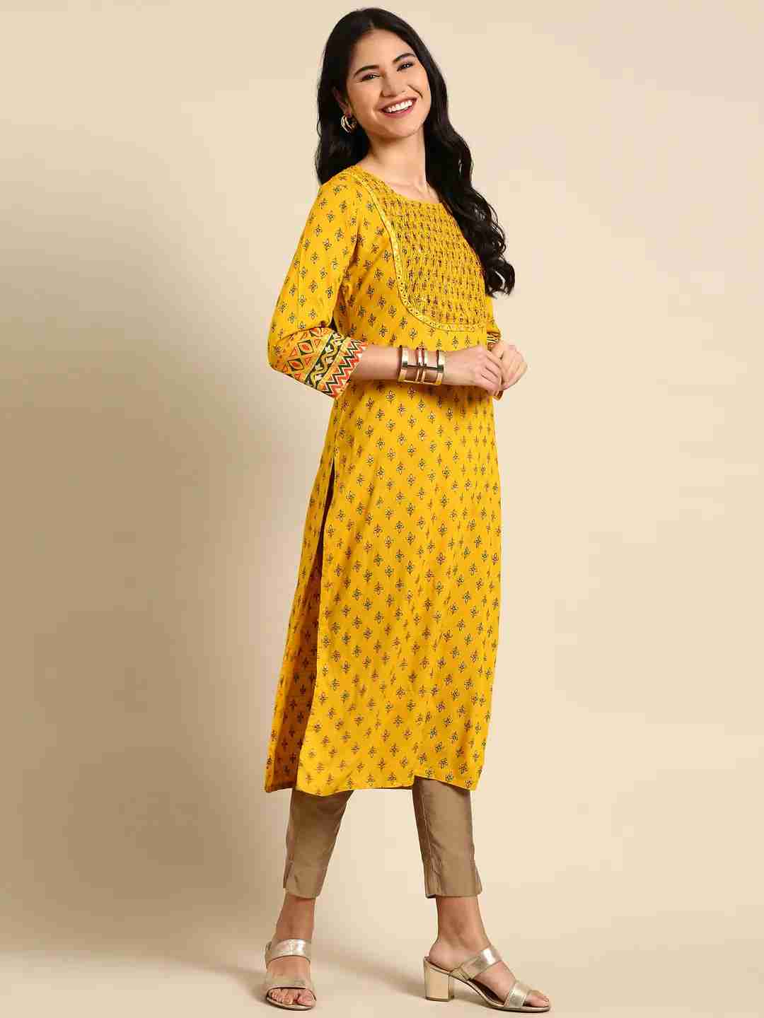 SHOWOFF Women Mustard Ethnic Motifs Round Neck Three-Quarter Sleeves Mid Length Straight Kurta