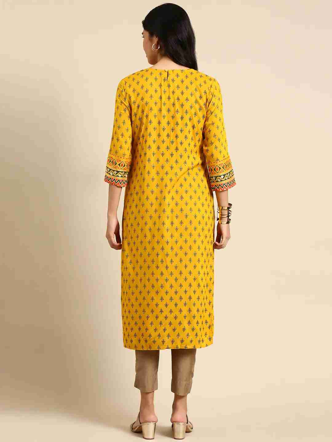 SHOWOFF Women Mustard Ethnic Motifs Round Neck Three-Quarter Sleeves Mid Length Straight Kurta