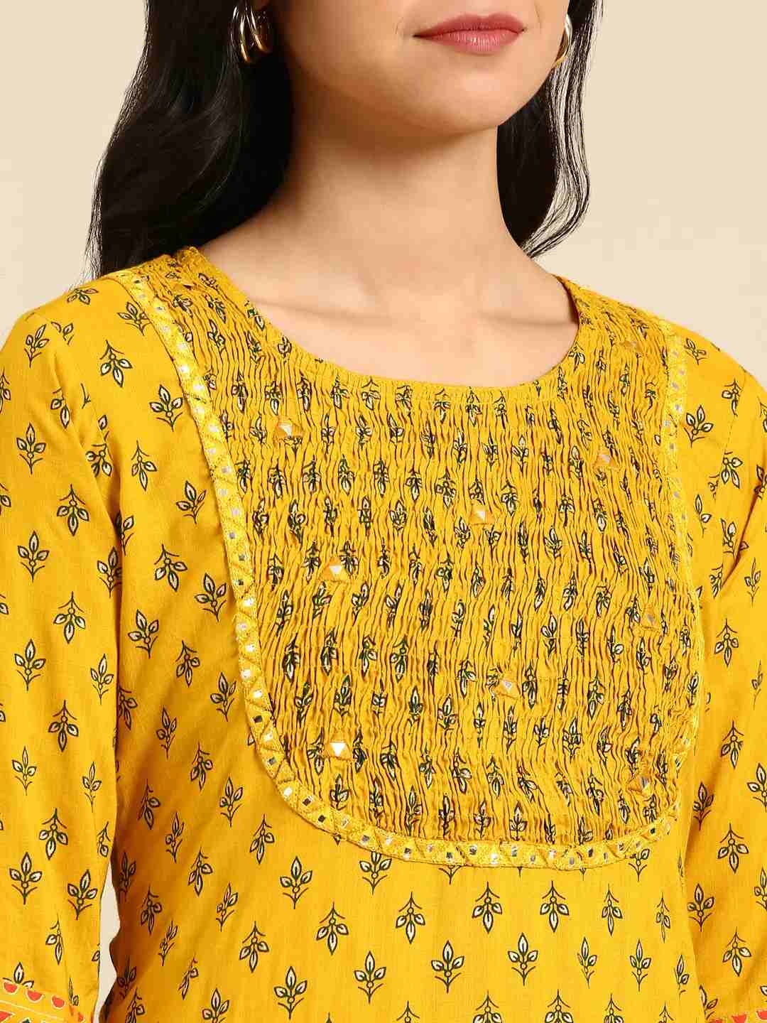 SHOWOFF Women Mustard Ethnic Motifs Round Neck Three-Quarter Sleeves Mid Length Straight Kurta