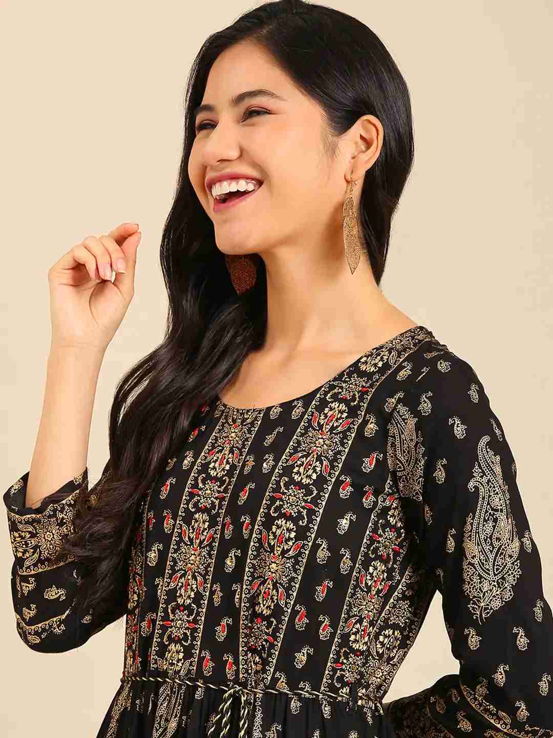 SHOWOFF Women Black Ethnic Motifs Round Neck Three-Quarter Sleeves Ankle Length Anarkali Kurta