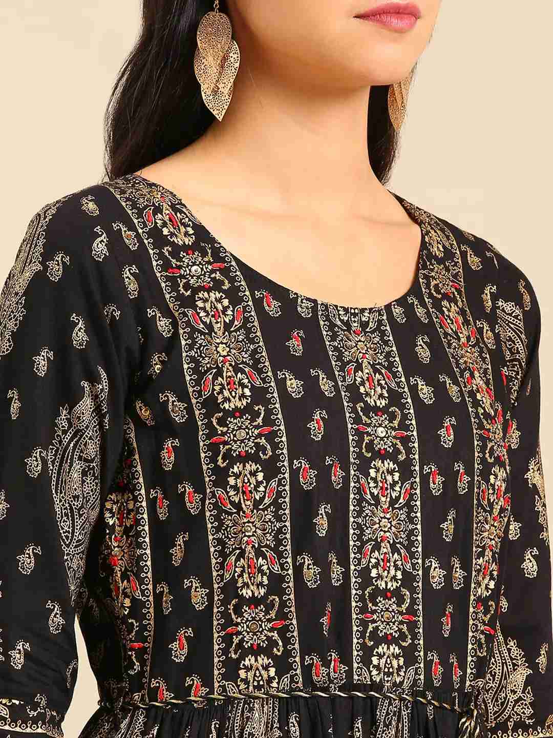 SHOWOFF Women Black Ethnic Motifs Round Neck Three-Quarter Sleeves Ankle Length Anarkali Kurta