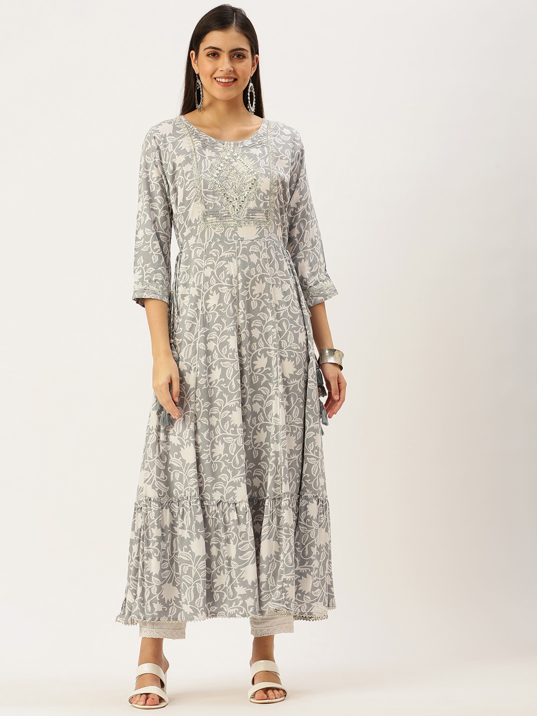 SHOWOFF Women's Round Neck Floral Grey Anarkali Kurta