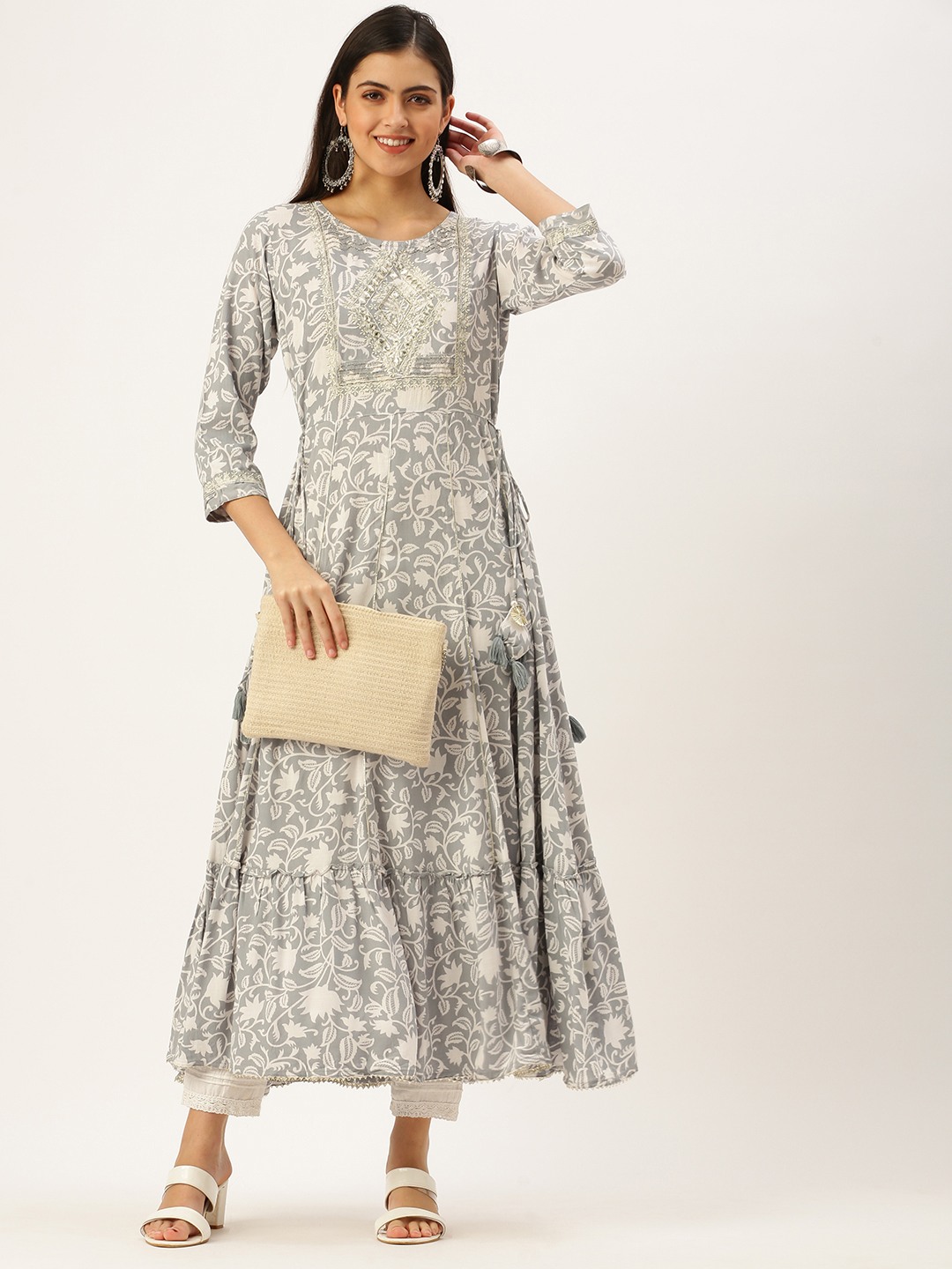 SHOWOFF Women's Round Neck Floral Grey Anarkali Kurta