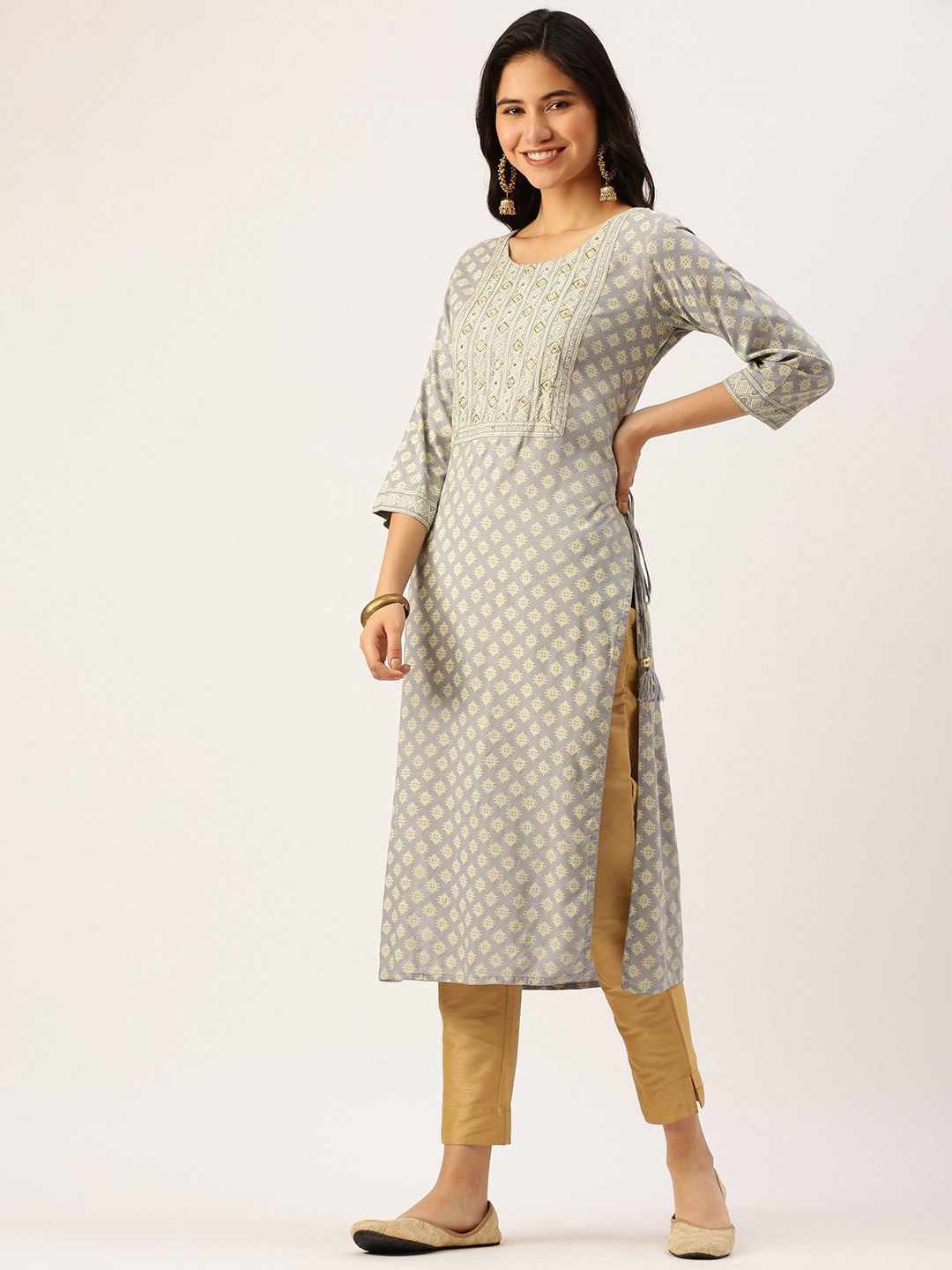 SHOWOFF Women Grey Ethnic Motifs Round Neck Three-Quarter Sleeves Mid Length Straight Kurta