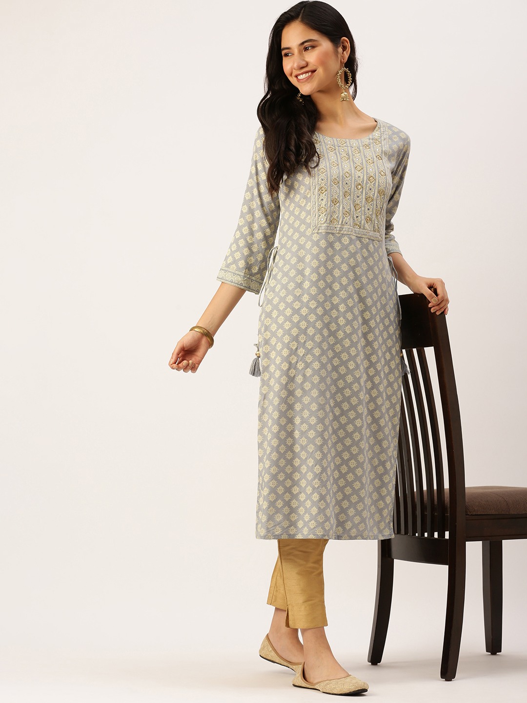 SHOWOFF Women Grey Ethnic Motifs Round Neck Three-Quarter Sleeves Mid Length Straight Kurta