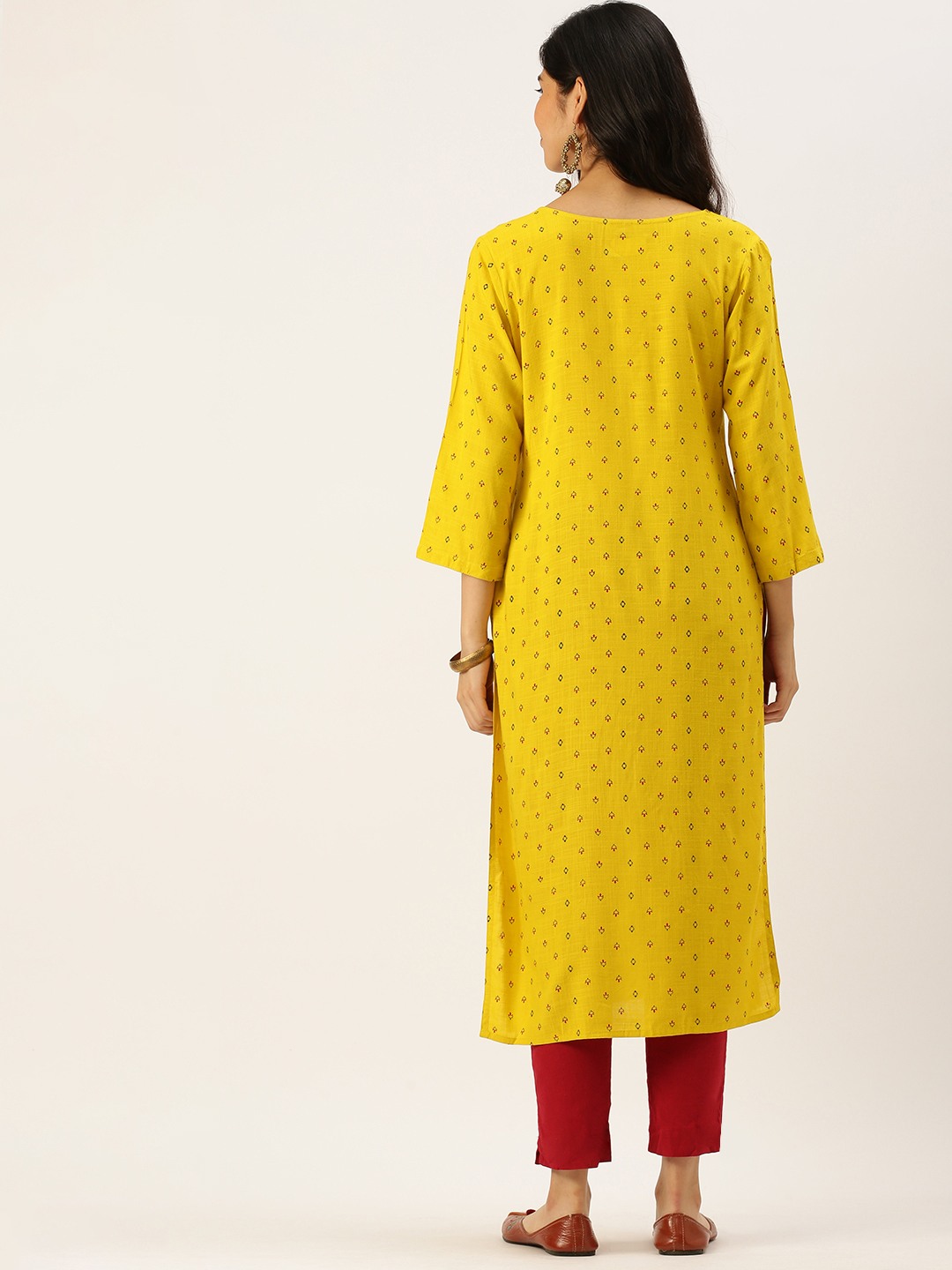 SHOWOFF Women's Round Neck Ethnic Motifs Yellow Straight Kurta