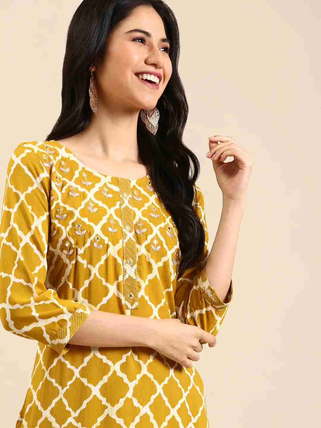 SHOWOFF Women Mustard Ethnic Motifs Round Neck Three-Quarter Sleeves Mid Length Straight Kurta