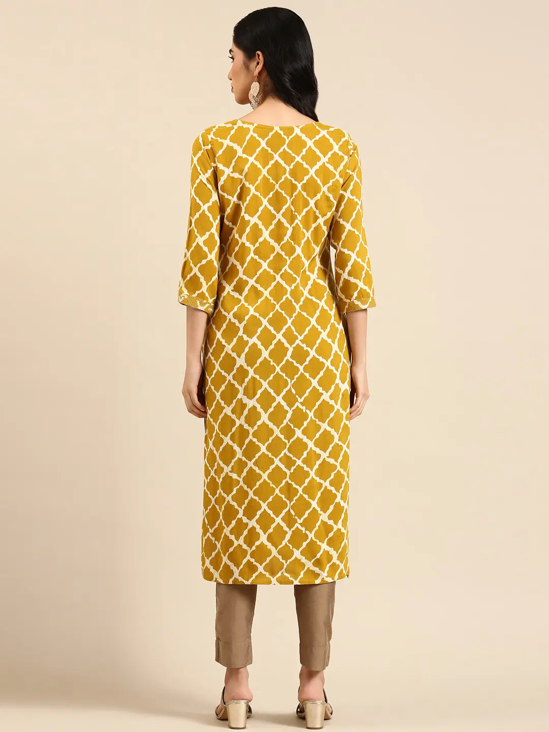 SHOWOFF Women Mustard Ethnic Motifs Round Neck Three-Quarter Sleeves Mid Length Straight Kurta
