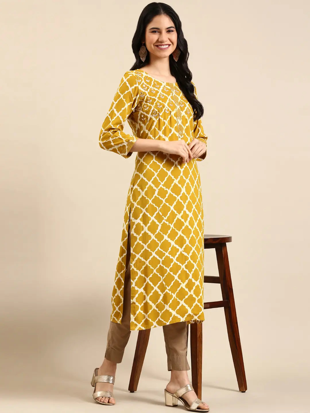 SHOWOFF Women Mustard Ethnic Motifs Round Neck Three-Quarter Sleeves Mid Length Straight Kurta