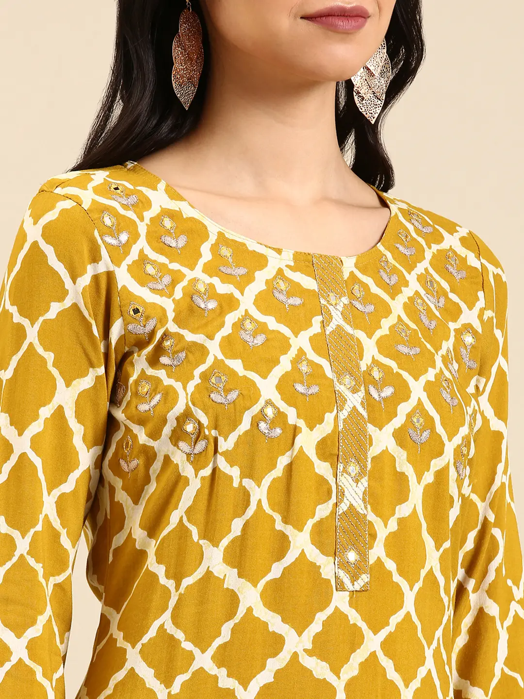 SHOWOFF Women Mustard Ethnic Motifs Round Neck Three-Quarter Sleeves Mid Length Straight Kurta