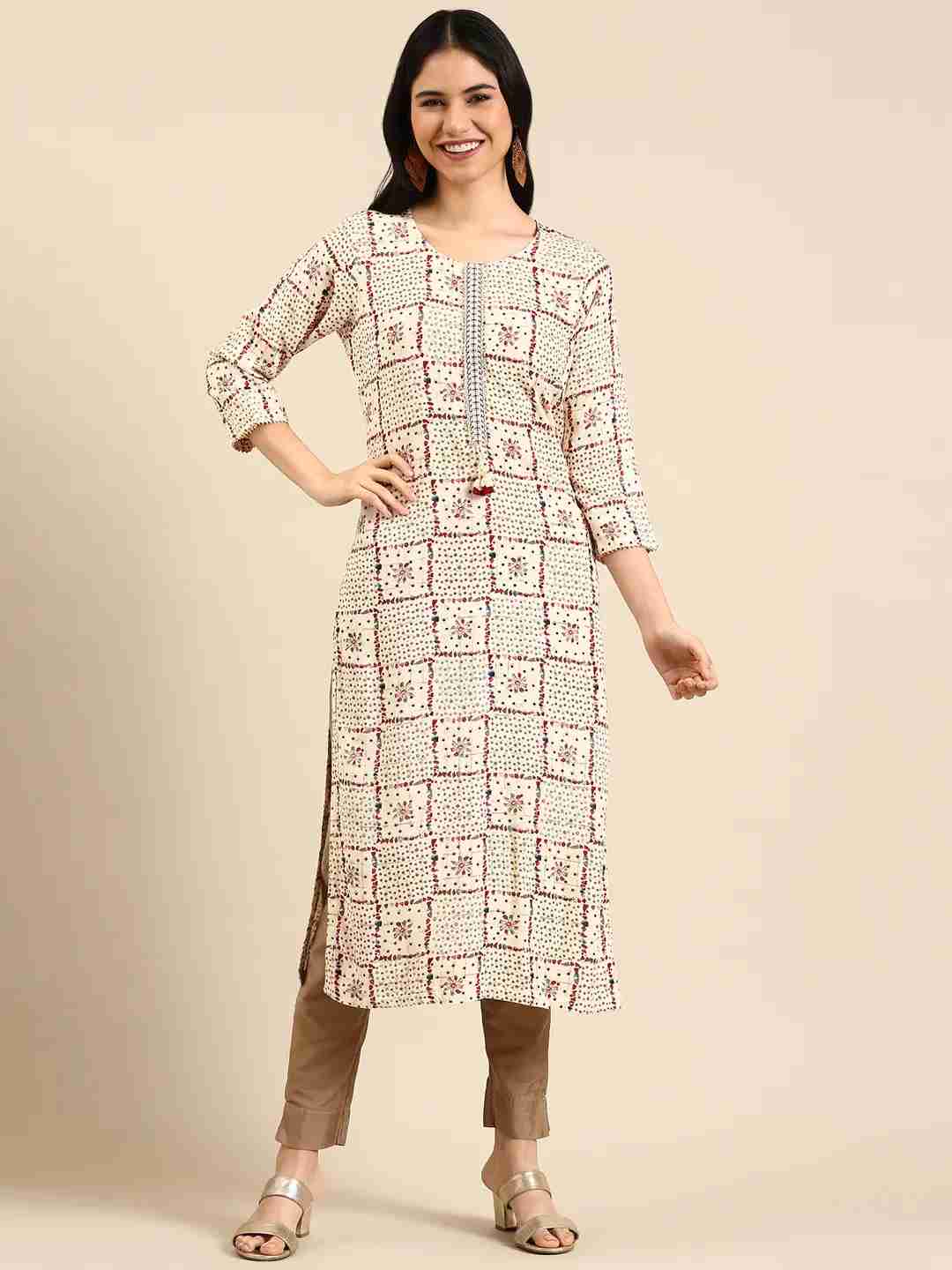 SHOWOFF Women Cream Geometric Round Neck Three-Quarter Sleeves Mid Length Straight Kurta