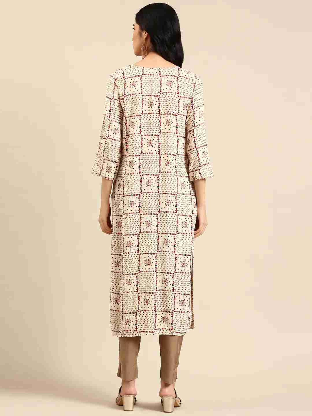 SHOWOFF Women Cream Geometric Round Neck Three-Quarter Sleeves Mid Length Straight Kurta
