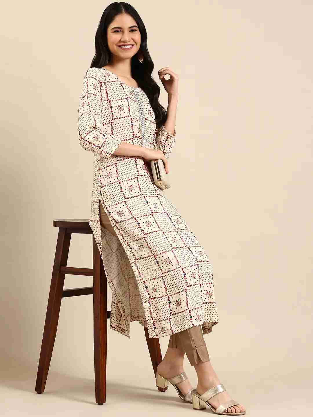 SHOWOFF Women Cream Geometric Round Neck Three-Quarter Sleeves Mid Length Straight Kurta