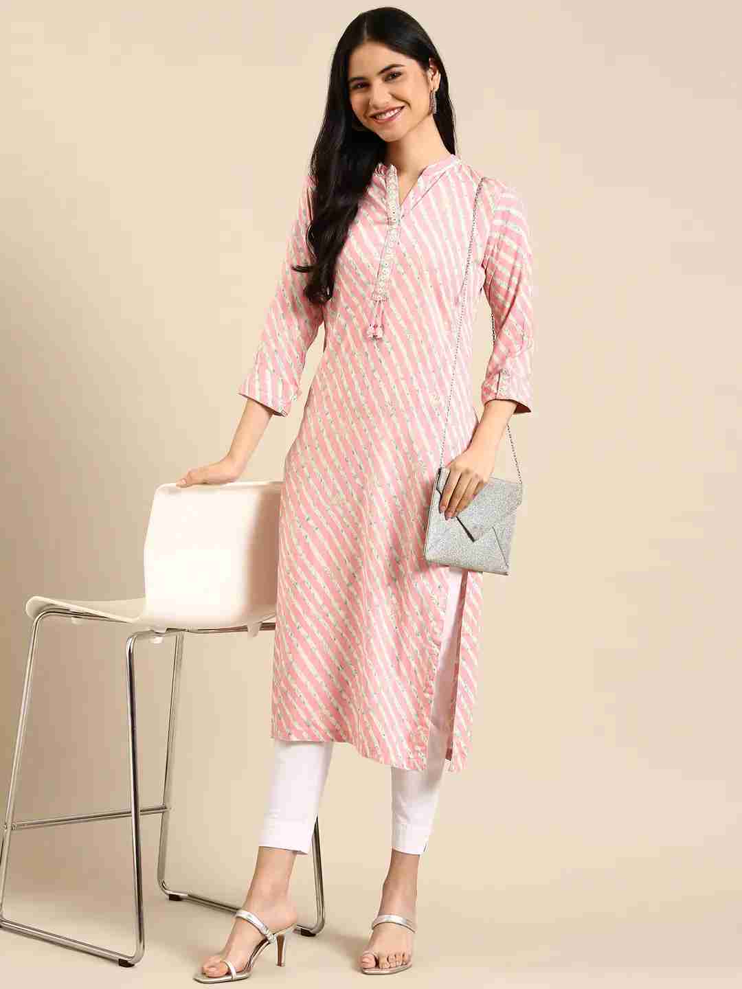 Showoff | SHOWOFF Women Pink Leheriya Mandarin Collar Three-Quarter Sleeves Mid Length Straight Kurta 5