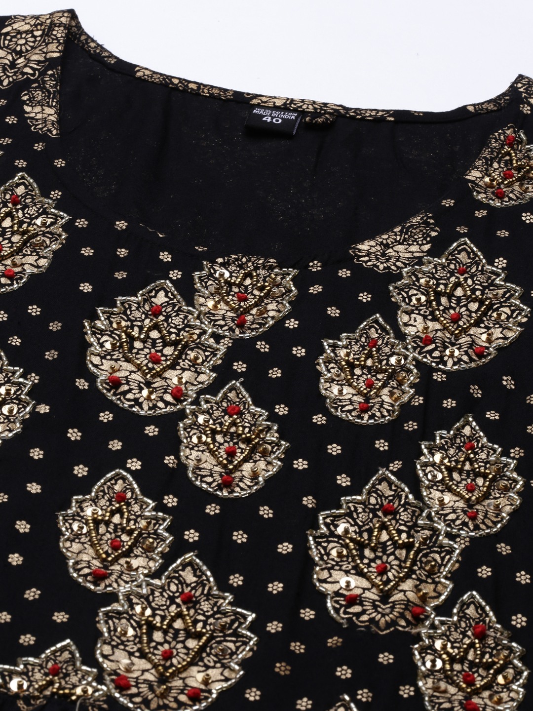 SHOWOFF Women Black Ethnic Motifs Round Neck Three-Quarter Sleeves Ankle Length A-Line Kurta