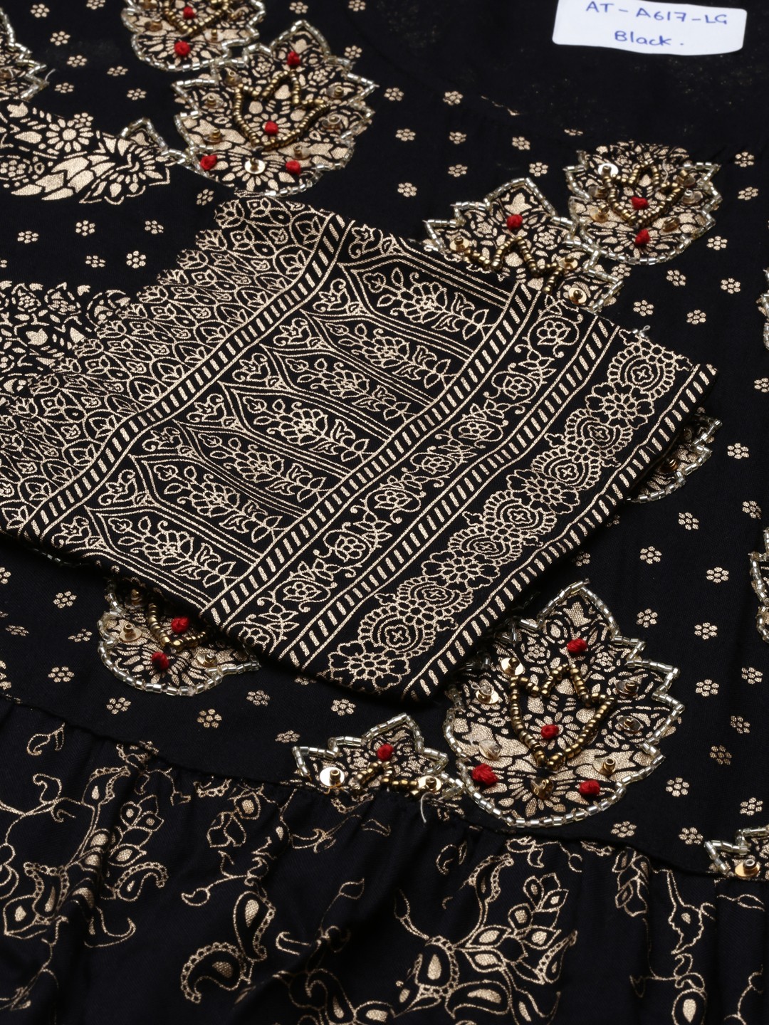 SHOWOFF Women Black Ethnic Motifs Round Neck Three-Quarter Sleeves Ankle Length A-Line Kurta